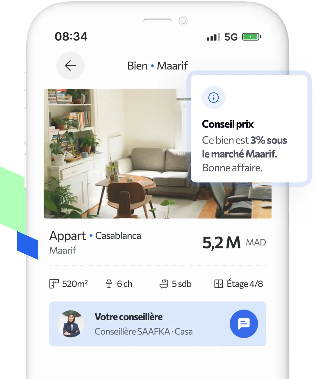 Application SAAFKA : fiche d'un bien à Maarif avec conseil prix et chat conseiller