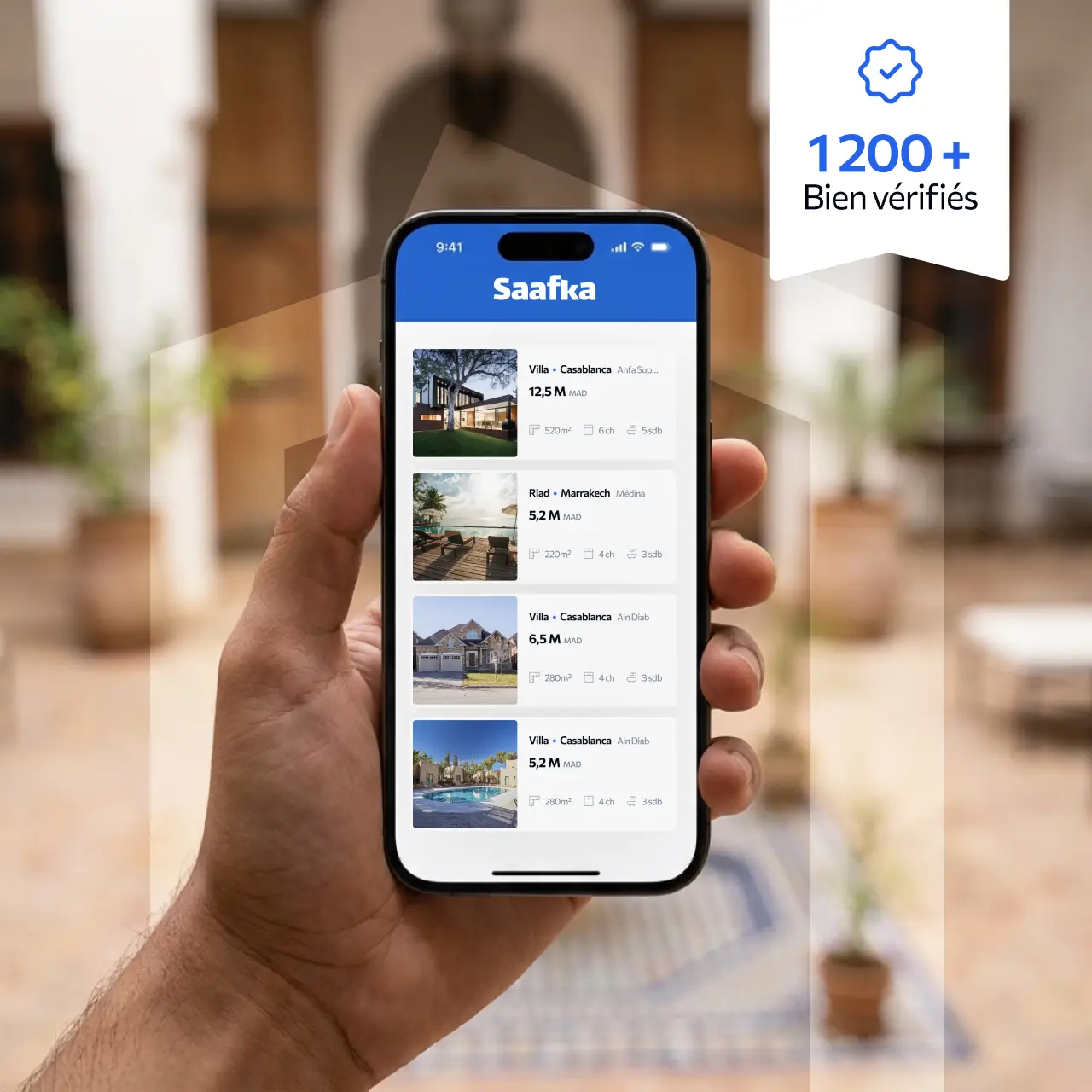 L'application SAAFKA dans la main — plus de 1200 biens vérifiés